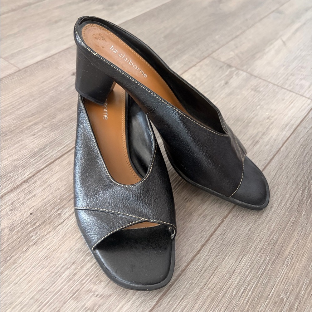 Liz Claiborne Black Leather Open-Toe Block Heel Sandals